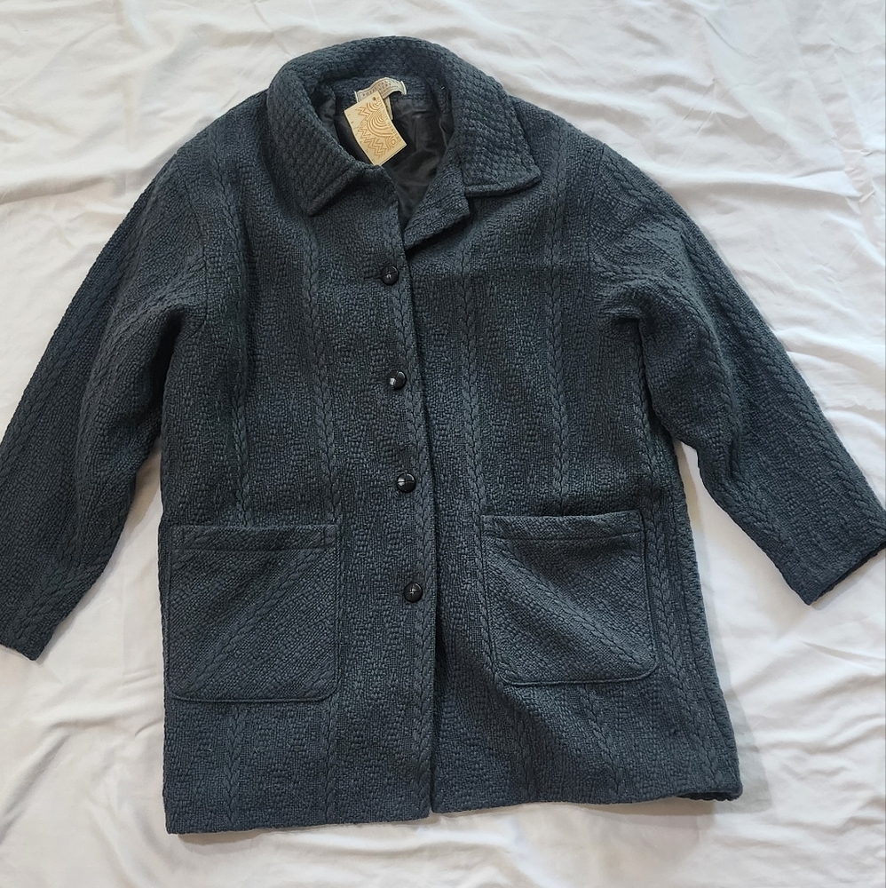 Boyne Valley Wool Cable Knit Coat Gray Handcrafted Lined ButtonsPockets Sz 1xl